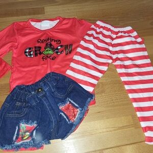 Nwot Girls Size 12-18 Months, Grinch Christmas Legging, Shirt, Short Outfit 3pc
